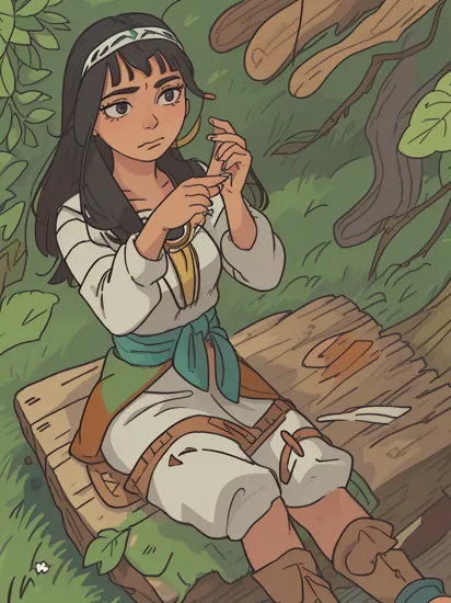  pocahontas (looking at her phone:1.5), (disgusted expression:1.5), sitting on a log in a northern forest, rich colors, (looking down:1.3)