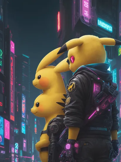 concept art Pikachu, Pokemon, (reimagined in a cyberpunk universe), (cyberpunk style), (cyberpunk), (augmentation), cybernetics, glowing neon lights, cinematic scene, hero view, action pose, beautiful 8k, detailed background, masterpiece, best quality, high quality, absurdres, vivid.. digital artwork, illustrative, painterly, matte painting, highly detailed