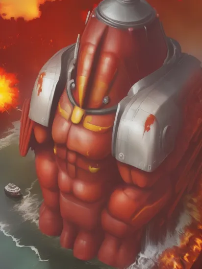 (super size Red Hulk),high resolution,HD,very realistic,explosion,city,street,aircraft,man focus,huge cape,(look at viewer),prefect heavy metal armor,metal skin,robot, (((solo:1.9)))