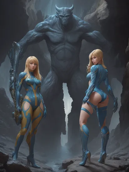 sexy blond Samus Aran from Metroid wearing blue suit with high platforms standing on a floor of a cave near ((grey humanoid monster)) hiding behind a rock and looking at her,
interior of alien cave in Hans Ruedi Giger style,
beautiful face,perfect face,
single girl,nova,
copeseethemald style,glossy,thepit bimbo,
realistic, professional, limited palette,high contrast,amazing detail,dynamic lights,
hyperrealism, masterpiece, best quality, HDR, viewpoint, highest quality, sharp focus, digital art render, 8k