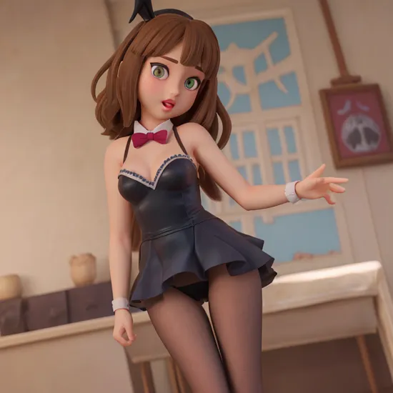 Highly detailed anime style render, ((of Bunny Girl Senpai)), (slender, well-defined body), waist-length black hair, long slender legs, blue-purple eyes, black leotard (without straps:1.3), black high heels, translucent black pantyhose, black bowtie, bunny-shaped barrette in the back, rule 34, ((face details)), young woman, brown hair, sticking out her tongue, looking at the camera, fringes, in bra, in panties, on her knees, but straight on her leg, freckles, (bird's eye view), soft skin, small nose, petite, beautiful, beautiful eyes, ((wide angle)), {away from the camera}, (looking like Hermione Granger in Harry Potter)