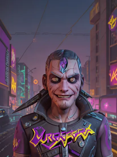 The Joker from Batman,spotlight, (cyberpunk 2077:1.4),silhouette,looking at viewer,mentally destroyed laughter,portrait,deatailed face,cyberpunk 2077 background,dark neon background,  