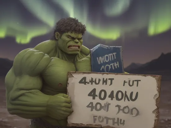 (((Dowhearted sad Hulk crying holding a sign with the word "404" written on it)))) (Barren landscape planet, aurora borealis)