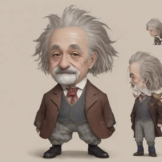 Character portrait of Albert Einstein, standing on stage, fully body, side profile, caricature, chibi, kawaii,3d rendering, octane rendering, volumetric light, victorian fashion, metallic, highly-detailed symmetric face, detailed eyes, ultra sharp, highest quality, art by Anja Millen and George Cruikshank and Bordalo II, smooth, sharp focus, trending on artforum, behance hd, kids story book style, muted colors, watercolor style