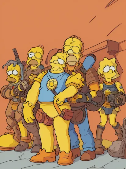 (homer Simpson:1.4) as primaris space marine with confused look on face  knight armor, holding bolter,  full body, style of matt groening, (cell shading:1.2), flat colors, (line art:1.2), analog style, (masterpiece:1.2), best quality
