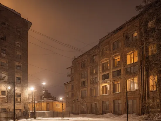 beautiful photo of old soviet residential building in russian suburbs,street photography, , moscow, saint petersburg, lights are on in the windows, deep night, post - soviet courtyard, rusty walls, cozy atmosphere, winter, heavy snow, fog, street lamps with orange light, several birches nearby, several elderly people stand at the entrance to the building