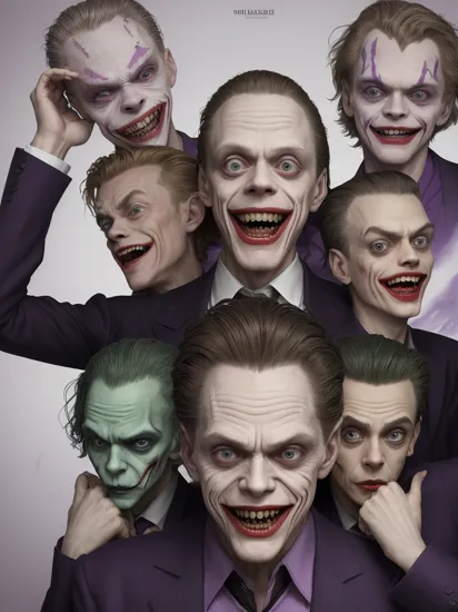 (William Dafoe|Malcolm McDowell|Steve Buscemi) as the Joker, insanity face, hands over  head, insane laugh, (drooling), white makeup, insane wide-opened eyes, bright pupils, purple suit, dark green hair, in the dark, flash light, trembling