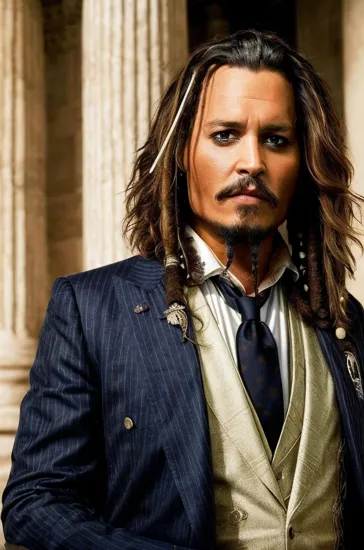 Johnny Depp, Confident man @JohnnyDepp, neatly groomed beard, formal attire with a striped tie, historical city backdrop with soft focus, natural light enhances the calm and composed expression, a portrait of assured elegance against the timeless backdrop of Rome.