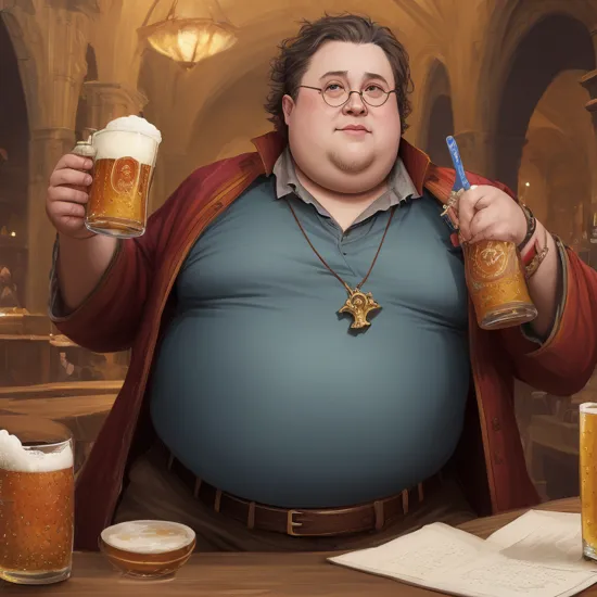 high fantasy art, middle aged slightly overweight harry potter, drinking beer, vacationing in las vegas,