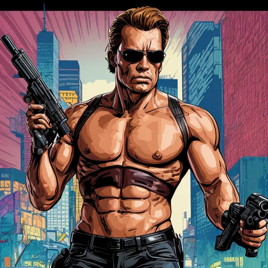 masterpiece, best quality, realistic, the terminator wearing a sunglasses, macho, holding a shotgun at a cyberpunk night city, BREAK vector art, pop art, 2D, deformation