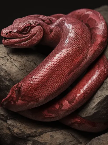  GhostlyStyle,  extreme macro close-up side view photograph of a blood python on a rock, dark background, in the style of macro photography, focus-stacking, studio photography, highly detailed, extreme realism, saturated colors, colorful