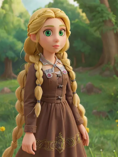 (rapunzel:1), tangled,  (adventure outfit:1.5), (long hair, blonde hair, green eyes:1), (long braid:1.5),  ((green eyes)), (dress:1), (long dress),  cartoony facial features, large round eyes, blonde hair, (realistic:1.2),  (masterpiece:1.2), (full-body-shot:1),(Cowboy-shot:1.2), green grass, dandelions,  light particles, magical forest background, neon lighting, dark romantic lighting, (highly detailed:1.2),(detailed face:1.2), (gradients), colorful, detailed eyes, (detailed landscape:1.2), (natural lighting:1.2),(detailed background),detailed landscape, (cute pose:1.2), close shot, solo,     
