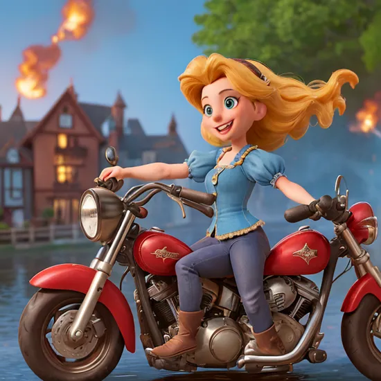 (a StereoView of:1.2) disney rapunzel riding on the harley, concentrated look, focused eyes, huge smile showing teeths, self-confident pose, leaning front over steering handlebar, fishey view, motion blur, speed, water splashes and flames and explosion in background, sunlight in background  (side by side) black border