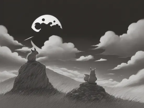 Pikachu sat on a hill with a sword next to him, eclipse, landscape, black and white, drawing, illustration, kentaro miura style,  