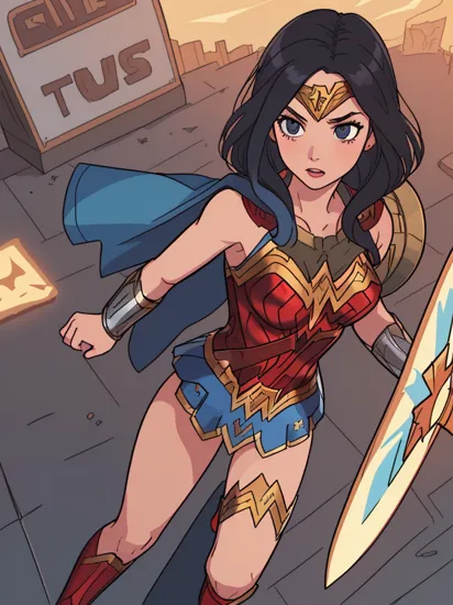 (Wonder Woman:1.3), solo focus, suit, muscular, (((Tanned skin))), Black Hair, Red and Blue Coat, Cityscape, Heroic, Lasso of Truth,{{{Master piece:1.3}}}, {{{realistic}}}, {{cinematic lighting}}, {{{perfect anatomy:1.3}}, beautiful woman, {{extremely detailed}}}, long eyelashes, {{perfect face}}, {{perfect eyes}} refined, {soft lighting}, {{inspiring}}, (detailed body),(Masterpiece)),(((best quality))), ( full body:  1.4), good anatomy, long hair, brave features, tall, strong, Large chest,((highly detailed features)), (((very detailed face))), noble features, intricate, (depth of field), dynamic lighting, highly detailed body, detailed features, 4k, textured, 1 woman, looking at viewer, Wonder Woman logo, Sword and Shield, Tiara and Bracelets, Bright sky, Sunlight, Metropolis City, Crime fighting, Amazing