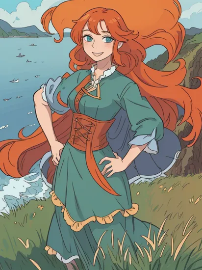 merida_v1, long orange hair, curly hair, blue eyes, long green dress, clothing cutout,looking at viewer, smiling, standing, hand on hip, outside, grass, cliff, highlands, overcast, ocean,  high quality, masterpiece, 