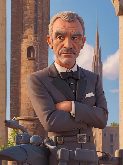 illustration of (Sean Connery's James Bond:1.1) wearing a (tuxedo:1.1) (with a tower in the background:1.3), ruggedly handsome, (detailed face:1.1), masterpiece, character portrait, key art, art by cardstylev3