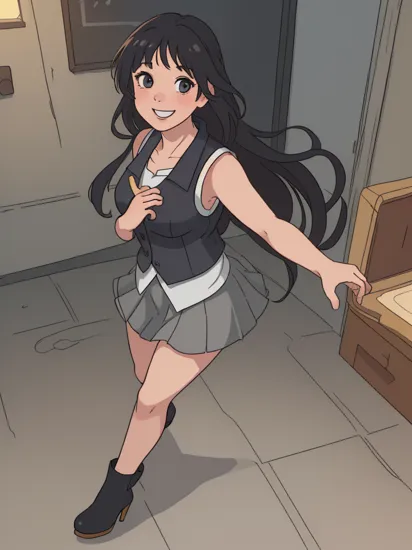 (best quality, masterpiece:1.2),(realistic, photo-realistic:1.4),8k,RAW photo,professional lighting,photon mapping,radiosity,physically based rendering,1girl,solo,black long hair,smile,Rapunzel wearing a white sleeveless strtrk uniform which ends in a short skirt,open vest,high heels,full body,look at viewer,