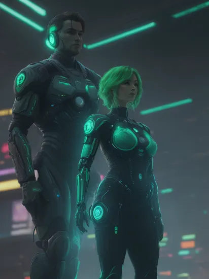 Two people, translucent hologram Cortana and green Master Chief, (reimagined in a cyberpunk universe), (cyberpunk style), (cyberpunk), augmentation, cybernetics, glowing neon lights, cinematic scene, movie cover, hero view, action pose, masterpiece, best quality, high quality, absurdres, vivid 