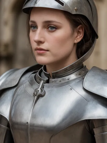 close up of a beautiful woman, joan of arc, stunning eyes, wearing metal armor, 8k, candid, masterpiece