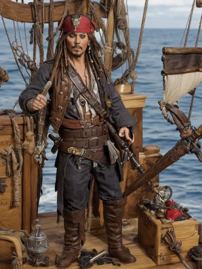 A photorealistic Captain Jack Sparrow action figure, housed in a clear plastic box. The figure sports Jack's signature pirate outfit, complete with a miniature compass and sword. The packaging is decorated with scenes of high seas and pirate ships, capturing the essence of the 'Pirates of the Caribbean' series,