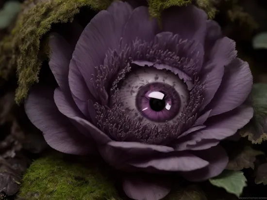 a purple flower with an eyeball in the center, in a dark forest covered in moss and fungi, macro photography, realistic, 8k, cinematic lighting, highest quality