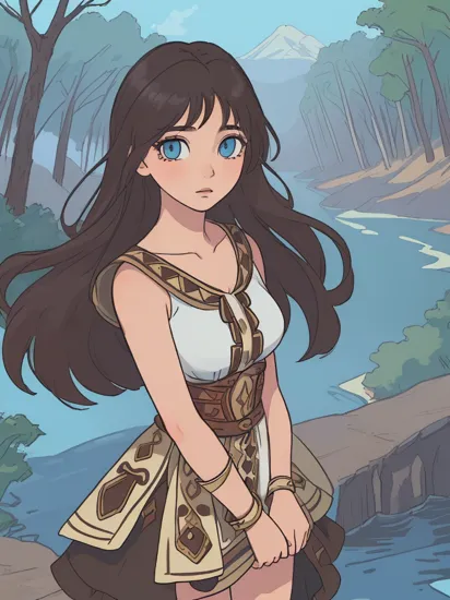 ((masterpiece, best quality:1.2),
PocahontasWaifu,(beautiful skin:1.2),18 years old,beautiful face,elegant face,(beautiful eyes:1.4),brown eyes,black hair,(tribal, dress:1.2),breasts,
outdoors,forest,view of lake from cliff,blue sky,cowboy shot, 