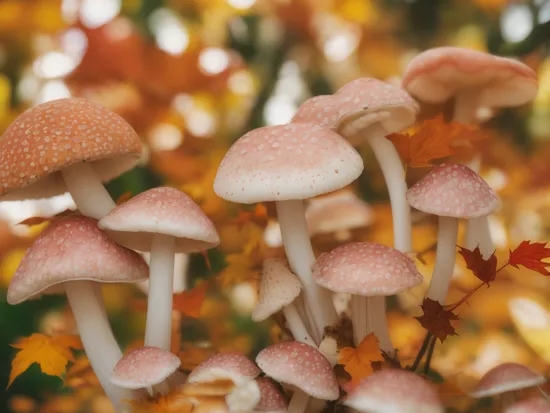 classicnegative, (low angle) macro photography of colorful alien fungus and mushrooms  fairy forest covered flowers, autumn, fall, colorful leaves, (trees with white trunk) in the background, 200mm 1.4f, sharp focus, cinematography