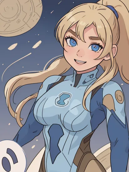 1girl, solo, samus aran, (highly detailed eyes), detailed face, ((round pupils)), intricate details, (blue eyes), (blonde hair), ponytail, (((realistic))), looking at viewer, smile, happy, ((portrait)), small breasts, (((upper body))), (((zero suit))), armor, ((cartoon)), soft lighting, cityscape, night, ((muscular female)), ((thick arms)), arms behind back, wassnonam-12800