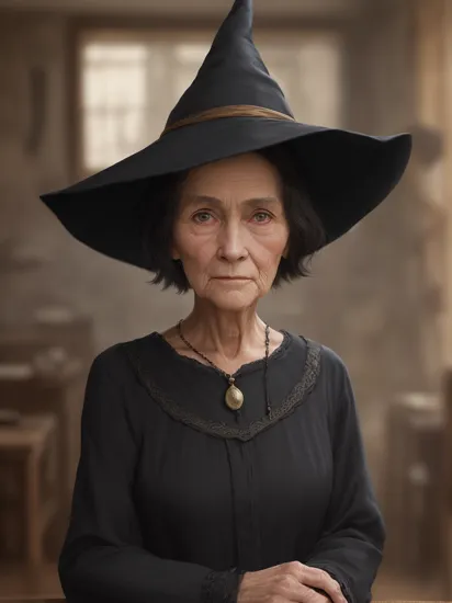 1girl, old woman, solo, looking at viewer, short hair, black hair, 1boy, hat, jewelry, upper body, indoors, blurry, black shirt, black headwear, blurry background, photorealistic, old, old woman, Harry Potter style, witch hat, analog style