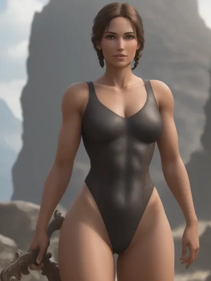 beautiful and gorgeous lara croft, (perfect face:1.3), (perfect body:1.3), (tanline:1.1), wearing a (leotard:1.3), upper body, (naked:1.3), smile, blush, outdoors, day, blue sky, sky, temple, looking at viewer, mountain, moody lighting, facing viewer, (masterpiece), (best quality:1.4), absurdres, [:intricate details:0.2], (beautiful detailed face:1.4), age 40, a photorealistic painting, fantasy art, 3d render, cgi, symetrical, octane render, 35mm, bokeh, 9:16, (intricate details:1.12), hdr, (intricate details, hyperdetailed:1.15), (natural skin texture, highly lit body, hyperrealism, soft light, sharp:1.2)