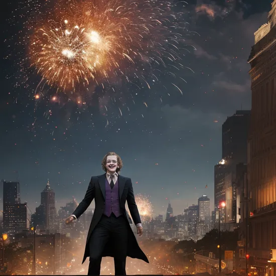 heath ledger playing the joker, laughing gleefully, city explosions in the background, photography,  Explosion Artstyle, cinematic