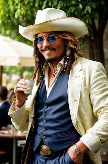 Johnny Depp, Joyful man @JohnnyDepp, beaming smile, holding an espresso, outdoor cafe setting, sunlight dappling through, casual suit attire suggests a blend of business and leisure, candid moment of laughter, the blurred backdrop of the historic building adds a sense of place and authenticity.