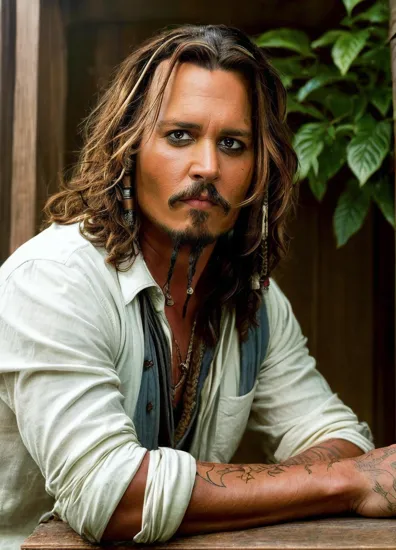 Johnny Depp, Pensive man @JohnnyDepp, wavy dark hair, piercing blue eyes, unbuttoned white shirt, seated, intense gaze directed off-camera, natural light illuminates his sharp features, indoor setting with minimalist decor, hints of green foliage in the upper right corner add a touch of nature, earth-toned wooden furniture complements the scene, medium shot capturing @JohnnyDepp from the waist up, the composition balances the subject with the surrounding space, warm and inviting atmosphere, the overall image portrays a casual elegance with an underlying contemplative mood.