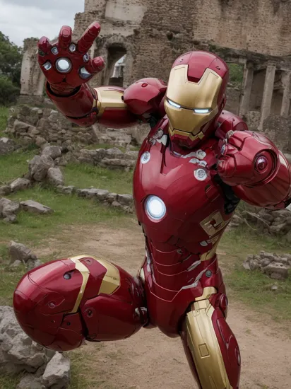 masterpiece, best quality, highres, aairida, short hair, red hairband, , iron man, fighting stance, ruins, outdoors, serious, cowboy shot, bodysuit, open hand,