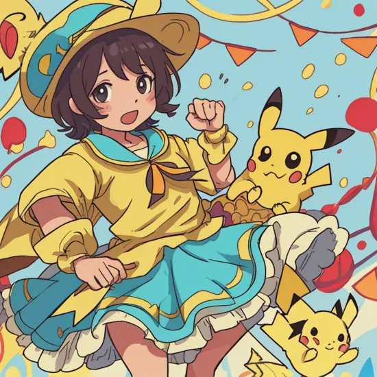 An image of a pikachu wearing a poncho and wearing a sombrero on his head, he is also playing maracas, (masterpiece, best quality, high quality, highres, ultra-detailed),  chibi, detailed background, dancing, by Jizoku, by Patto