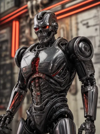 Photo of terminator t-800, biomechanical alien, complex cyborg, upper body, black and white rusty iron armor, mechanisms, circuit board, wires, red neon, hyperrealistic, insanely fine detail, extremely sharp lines, extremely fine detail, cyberpunk aesthetic, alien science fiction, blurred background, power armor,   