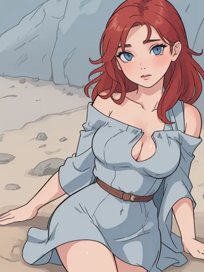 kkw-ph1 , stonepunkAI, stone,  MeridaWaifu, (HQ photo, masterpiece, RAW photo:1.2), (dress), curvy, open clothes, barefoot, off-shoulder, bare shoulders, long red hair, blue eyes, cleavage, freckles, cute face, 1girl , woman BREAK ((photorealistic)), medium breasts, beautiful woman, realistic face, detailed mouth, extremely detailed eyes_and_face, beautiful attractive face, beautiful detailed eyes, pronounced feminine feature, skin pores, perfect body , (photorealistic), full body shot