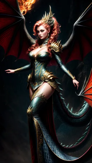 A powerful and elegant woman perfectly integrated with the essence of the dragon, Imaginative and visually striking digital artwork, (This woman exudes confidence and grace with dragon-inspired elements such as scales, wings, or subtle fiery details), A mythical and mesmerizing atmosphere, A harmonious fusion of human and dragon characteristics, <lora:more_details:0.2>, <lora:ExplosionMagic-20:0.2>,<lora:WizardCoreAISD15p:0.3>, full body,
Vibrant colors, dynamic poses, exquisite details, 32k UHD resolution, DSLR, professional photography, high quality, best quality, realistic photo, cinematic angle, cinematic lighting, vibrant color, vivid color, sharp focus