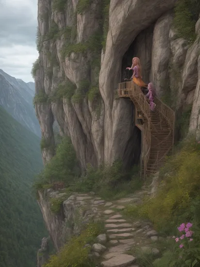 ,A real life, photorealistic version of Rapunzel, Tangled,,Hiking up a trail in the mountains,, Based on the sensibilities of hard rock, this 3D animated style features gritty bars and stadiums, where characters headbang and shred guitars with fiery intensity,
