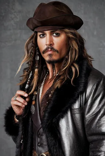 Johnny Depp, Intense @JohnnyDepp, chiseled features, dark wavy hair, enveloped in an extravagant faux fur coat with varied brown tones, a stark contrast to the cool, bluish hue of the minimalist background, focused, studio-quality lighting accentuates the luxurious texture of the fur and the sharpness of the model's facial structure, the overall composition alluding to high fashion and opulence.