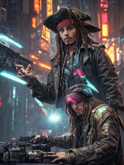 Electrifying futuristic cyberpunk image of Captain Jack Sparrow, trading in his pirate life for the fast-paced game of Shadowrun, VR goggles, dim neon backlight, he sits at a keyboard, his trademark hat tilted ever so slightly to one side. intense concentration, dedicated to the task at hand - navigating a treacherous landscape of magic and technology, His fingers dance nimbly across the keyboard matching the rhythm of the music playing in the background, dark and gritty cyberpunk aesthetic adds an air of danger to the scene, style of Guweiz, Octane Render, ultra realistic, highly detailed,