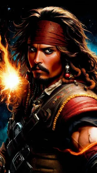 Johnny Depp, Intense superhero @JohnnyDepp, bald and determined, fiery and cosmic backdrop, displaying immense power, muscles tense, battle-ready stance, a superhero with unparalleled strength, anime style with dynamic and explosive energy, a scene charged with action and intensity.