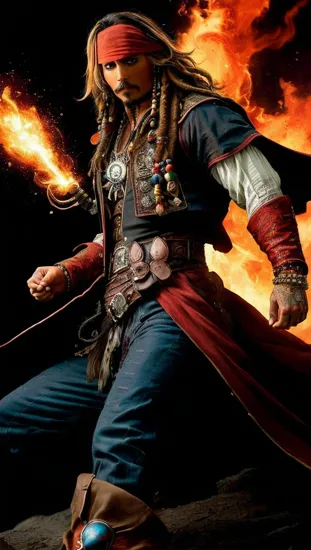 Johnny Depp, Intense superhero @JohnnyDepp, bald and determined, fiery and cosmic backdrop, displaying immense power, muscles tense, battle-ready stance, a superhero with unparalleled strength, anime style with dynamic and explosive energy, a scene charged with action and intensity.