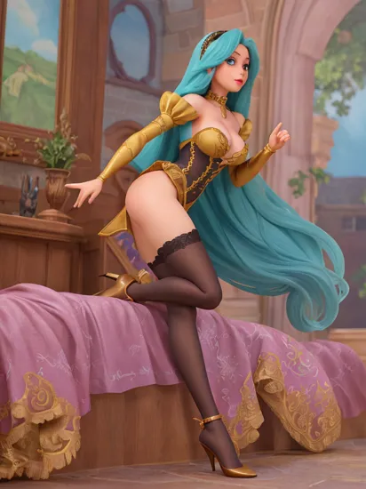 (best quality, masterpiece, colorful, dynamic angle, highest detailed) rapunzel, 1girl,slim body, medium breasts, sexy ass,  black thighhighs, high heels,full body, low neckline, cleavage, long hair, long slim legs,(official art, extreme detailed, highest detailed),    