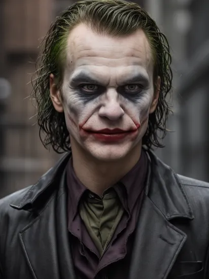 dark and gloomy, hyper realism, 8k, a close up photo of the joker , perfect eyes, lifelike texture, dynamic composition, Fujifilm XT2, 85mm F1.2, 1/80 shutter speed, (bokeh), high contrast, gotham city background