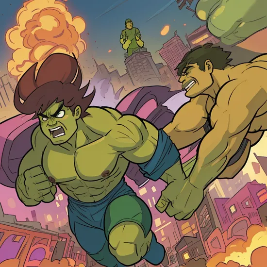 giant muscular barbie punching hulk, at city, chaos, scared running people in background, destroying the city