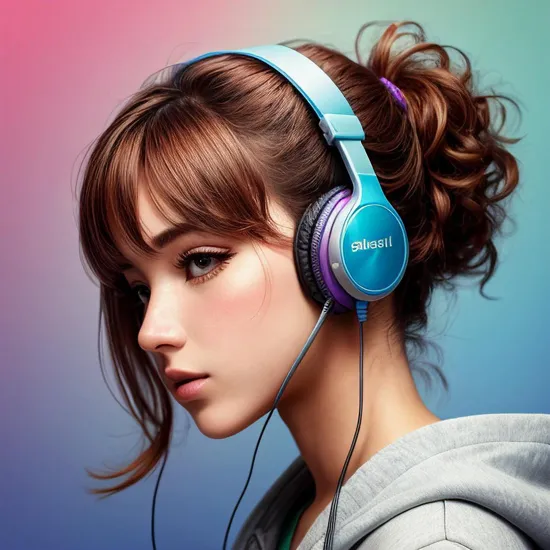 music album cover, girl listen music with headphone, colorful gradient, solid background
