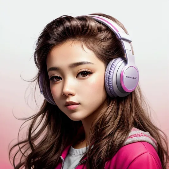 music album cover, girl listen music with headphone, colorful gradient, solid background