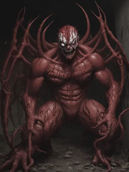 perfect mix between Carnage from Marvel and Joker from DC , with Carnage's red tentacles protruding from his entire body,  blood, epic, ((dark horror, eating childs in a dark room, blood and corpse of children on the ground ))  absurdres, best quality, fantasy style